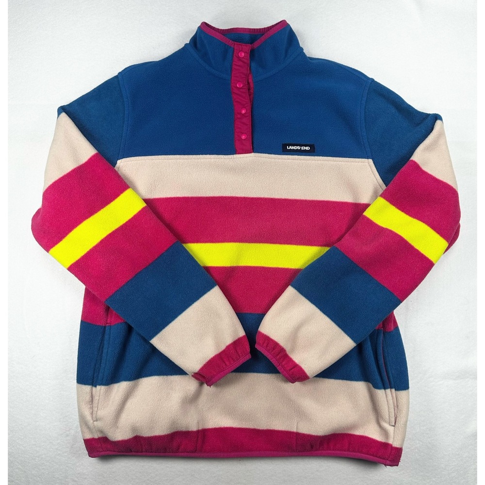 Lands End Fleece Pullover Striped Snap Neck Blue Pink Yellow Large Tall 14-16